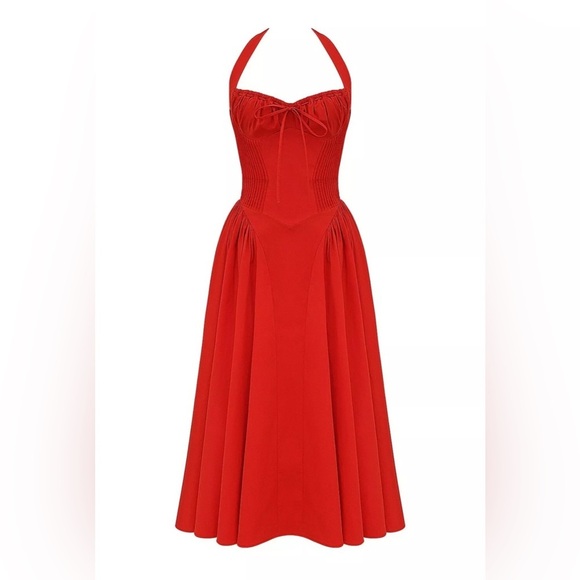 HOUSE OF CB Adabella Italian Tomato Cotton HalterSundress/Size XS - Picture 3 of 8